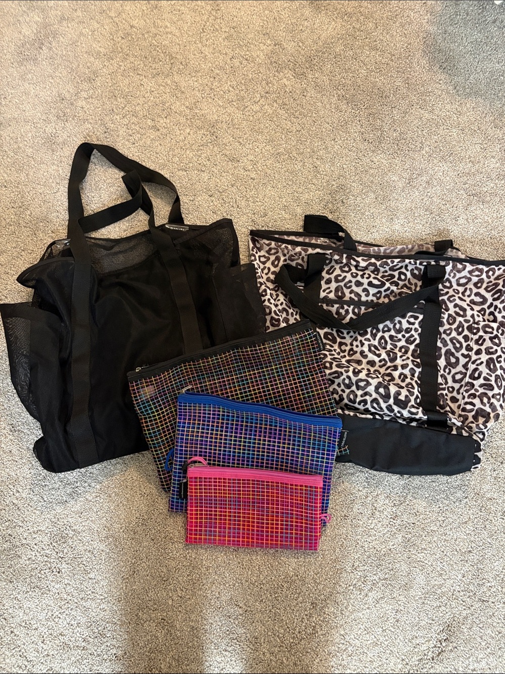 Bundle of 3 Target mesh black & leopard beach pool bag tote & 3 travel mesh bags